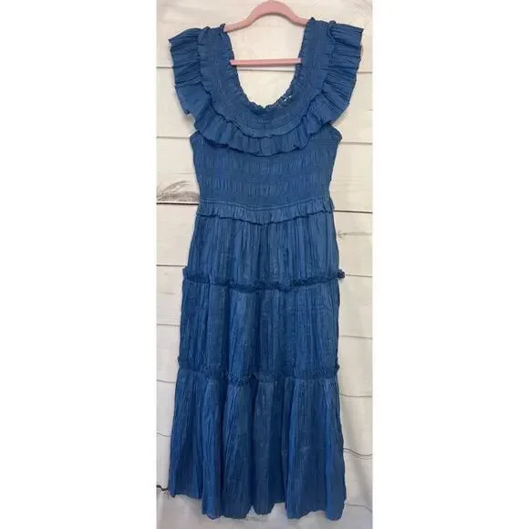 SEA New York Size LG Blue Maxi Dress Tiered Textured EUC - Picture 1 of 5